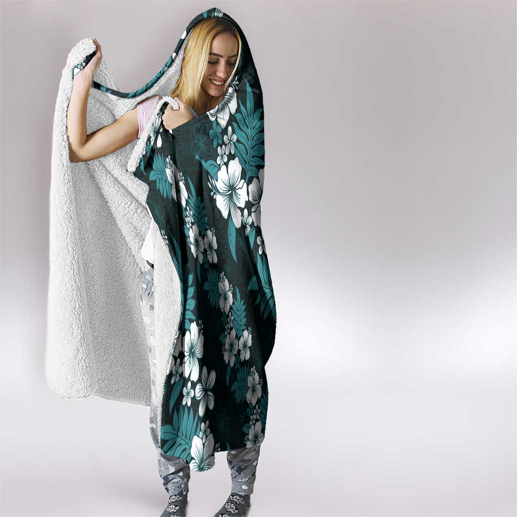 Hawaiian Hibiscus Tribal Floral Teal Hooded Blanket Polynesian Tapa Pattern - Polynesian Pride