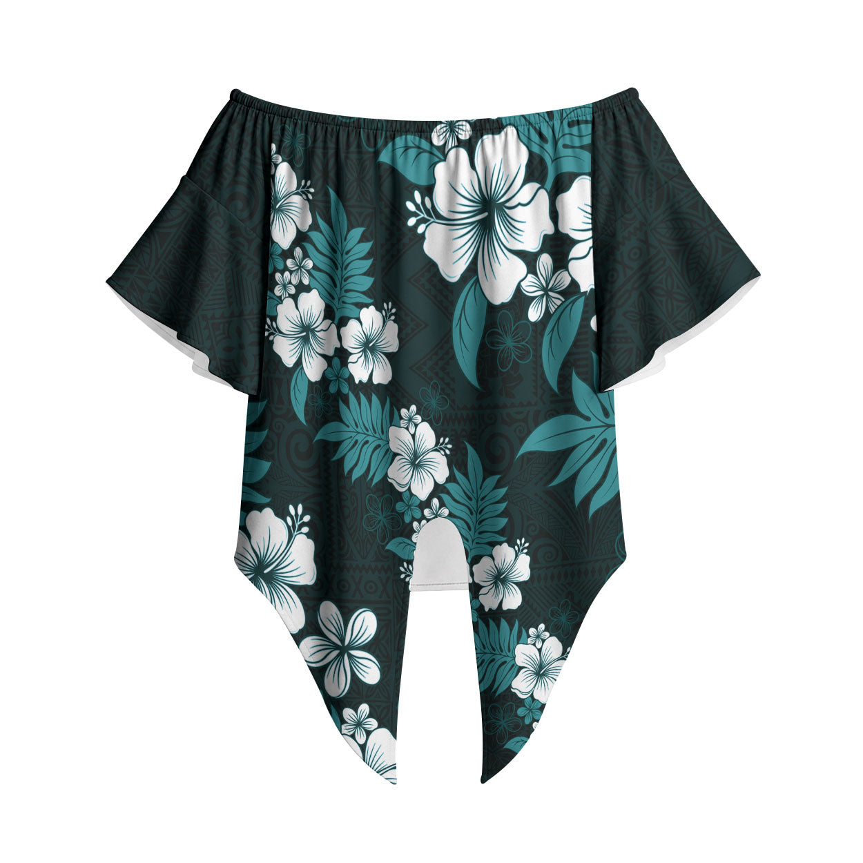 Hawaiian Hibiscus Tribal Floral Teal Off Shoulder Wrap Waist Top Polynesian Tapa Pattern LT01 Teal - Polynesian Pride