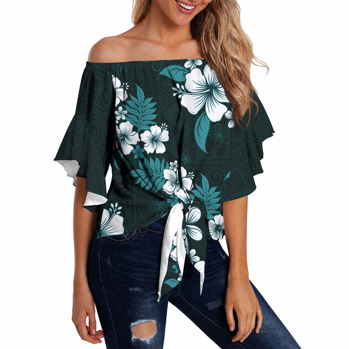 Hawaiian Hibiscus Tribal Floral Teal Off Shoulder Wrap Waist Top Polynesian Tapa Pattern LT01 - Polynesian Pride