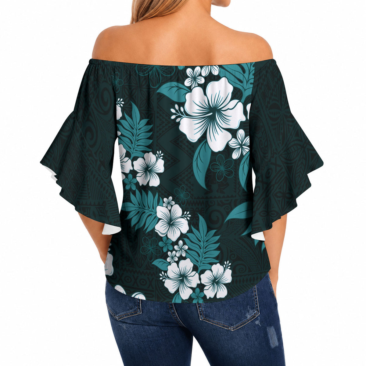 Hawaiian Hibiscus Tribal Floral Teal Off Shoulder Wrap Waist Top Polynesian Tapa Pattern LT01 - Polynesian Pride