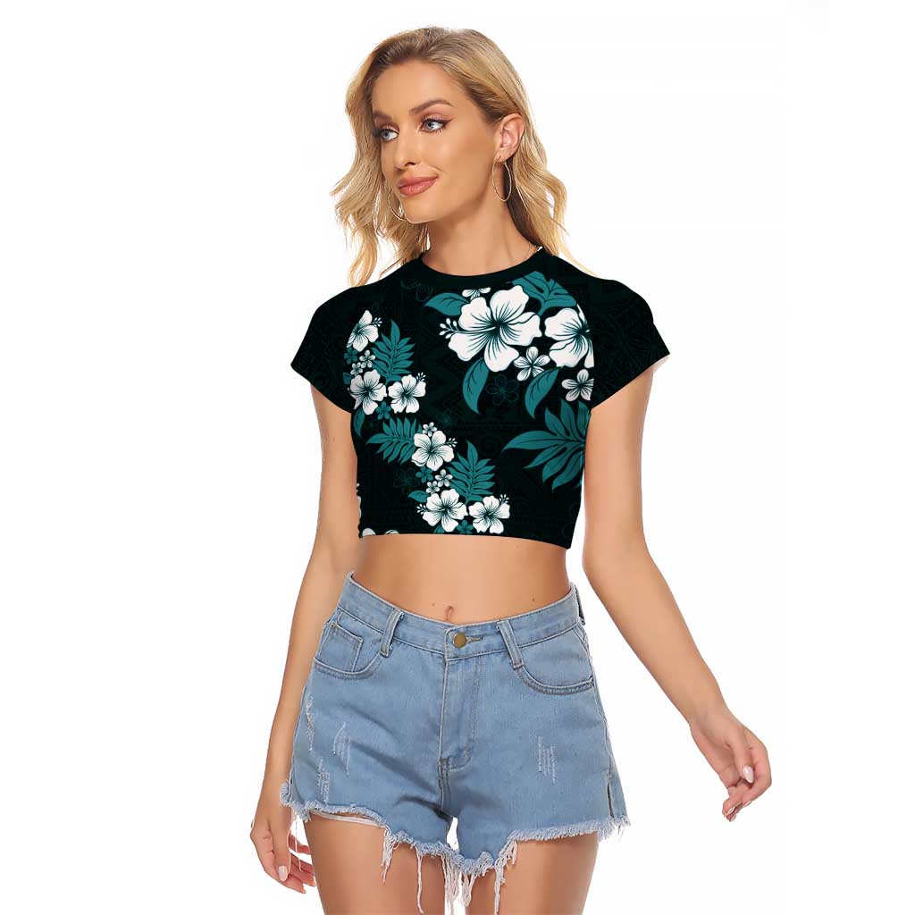 Hawaiian Hibiscus Tribal Floral Teal Raglan Cropped T Shirt Polynesian Tapa Pattern LT01 Female Teal - Polynesian Pride