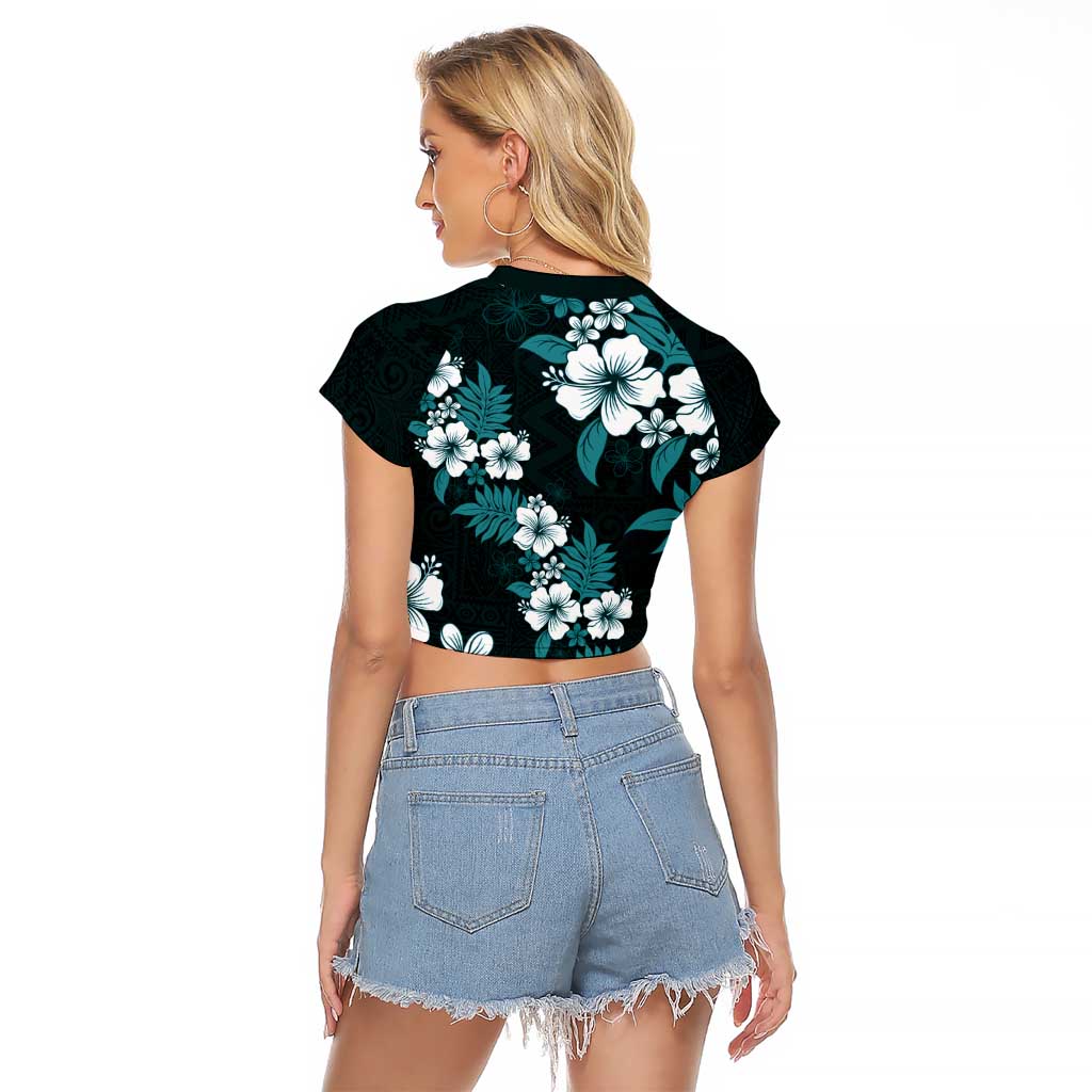 Hawaiian Hibiscus Tribal Floral Teal Raglan Cropped T Shirt Polynesian Tapa Pattern LT01 - Polynesian Pride