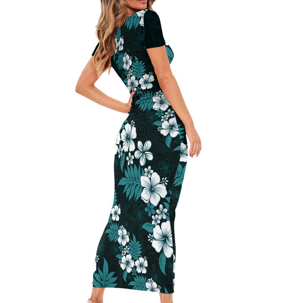 Hawaiian Hibiscus Tribal Floral Teal Short Sleeve Bodycon Dress Polynesian Tapa Pattern - Polynesian Pride
