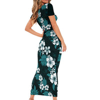 Hawaiian Hibiscus Tribal Floral Teal Short Sleeve Bodycon Dress Polynesian Tapa Pattern - Polynesian Pride
