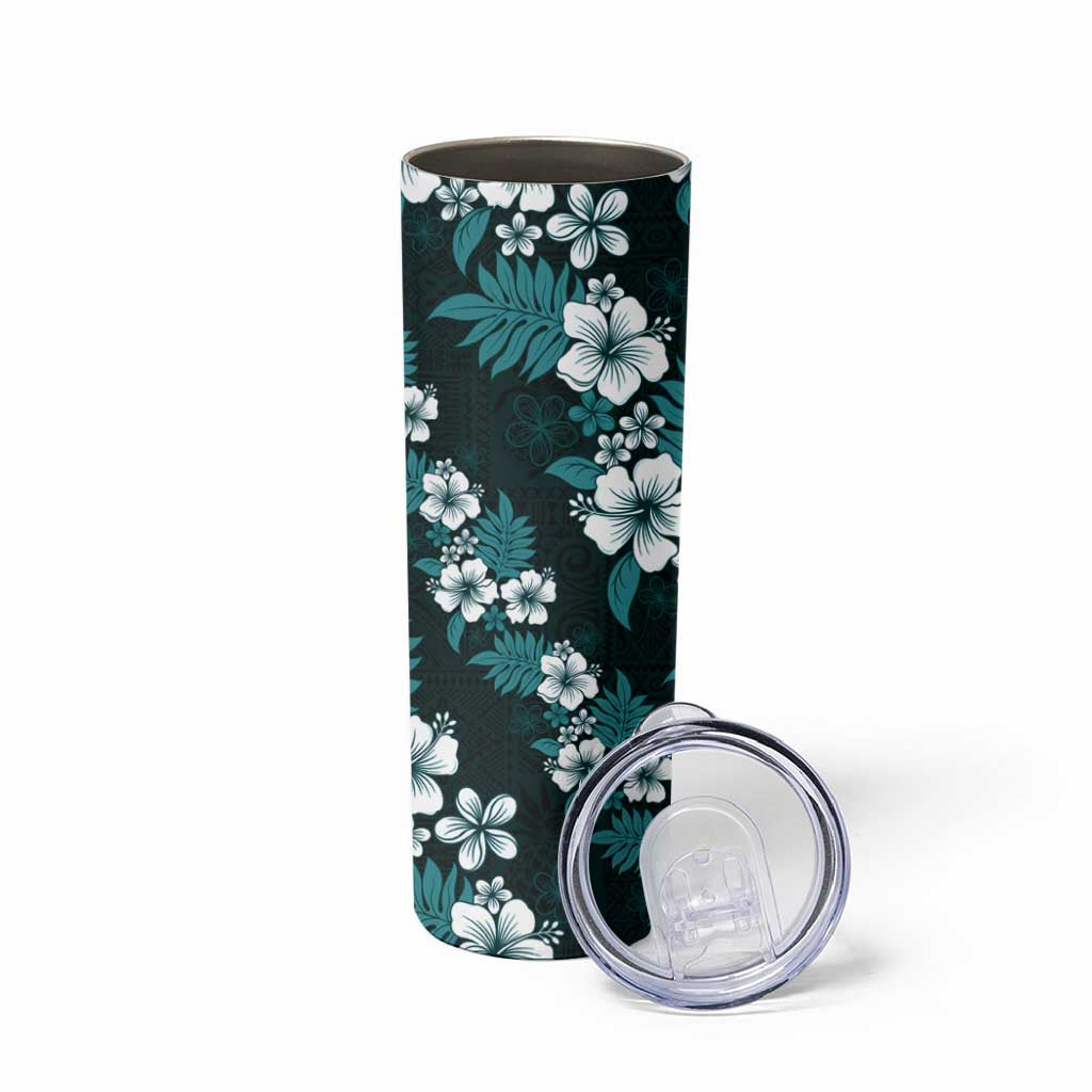 Hawaiian Hibiscus Tribal Floral Teal Skinny Tumbler Polynesian Tapa Pattern LT01 - Polynesian Pride