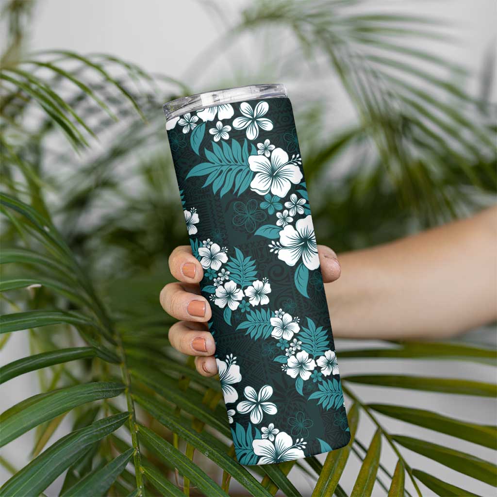 Hawaiian Hibiscus Tribal Floral Teal Skinny Tumbler Polynesian Tapa Pattern LT01 - Polynesian Pride