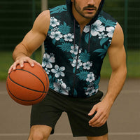Hawaiian Hibiscus Tribal Floral Teal Sleeveless Zip Hoodie Polynesian Tapa Pattern - Polynesian Pride