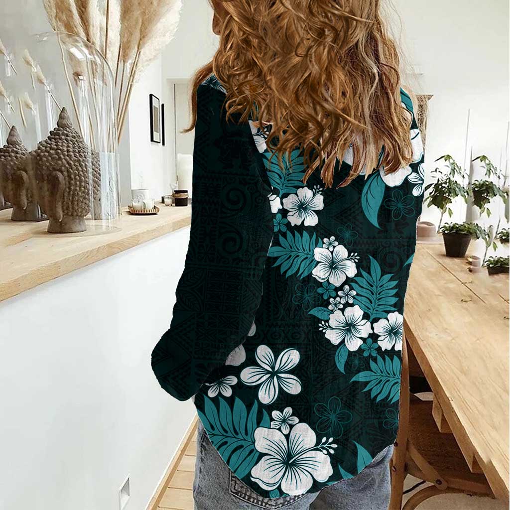 Hawaiian Hibiscus Tribal Floral Teal Women Casual Shirt Polynesian Tapa Pattern - Polynesian Pride