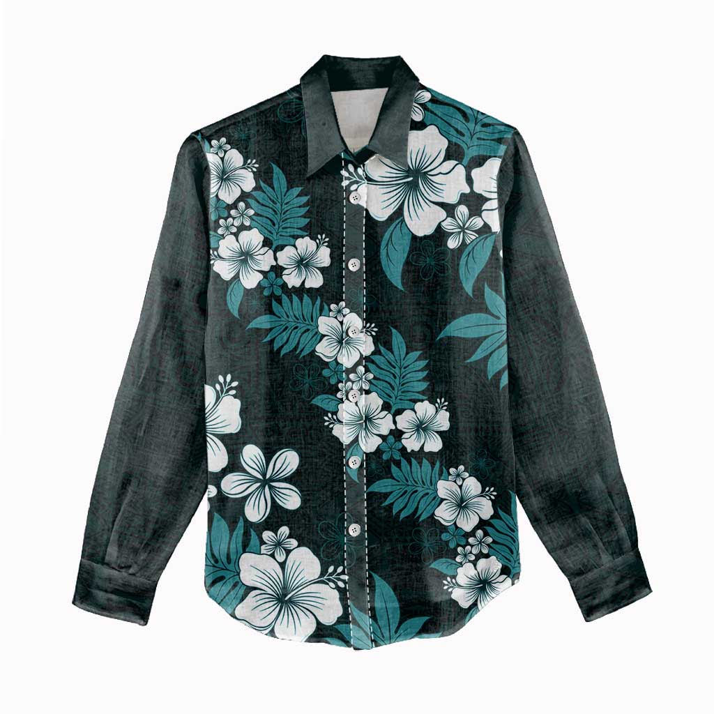 Hawaiian Hibiscus Tribal Floral Teal Women Casual Shirt Polynesian Tapa Pattern - Polynesian Pride