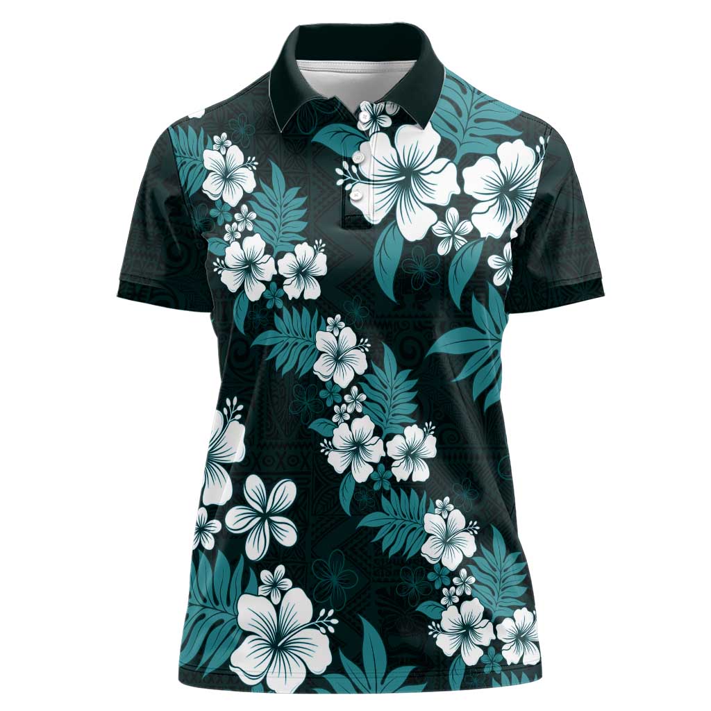 Hawaiian Hibiscus Tribal Floral Teal Women Polo Shirt Polynesian Tapa Pattern - Polynesian Pride