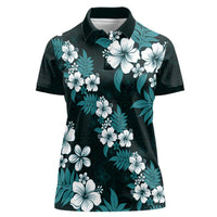 Hawaiian Hibiscus Tribal Floral Teal Women Polo Shirt Polynesian Tapa Pattern - Polynesian Pride