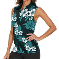Hawaiian Hibiscus Tribal Floral Teal Women Sleeveless Polo Shirt Polynesian Tapa Pattern LT01 - Polynesian Pride