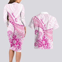 Personalised New Zealand Pink Fern Breast Cancer Couples Matching Long Sleeve Bodycon Dress and Hawaiian Shirt Polynesian Pattern LT01 - Polynesian Pride