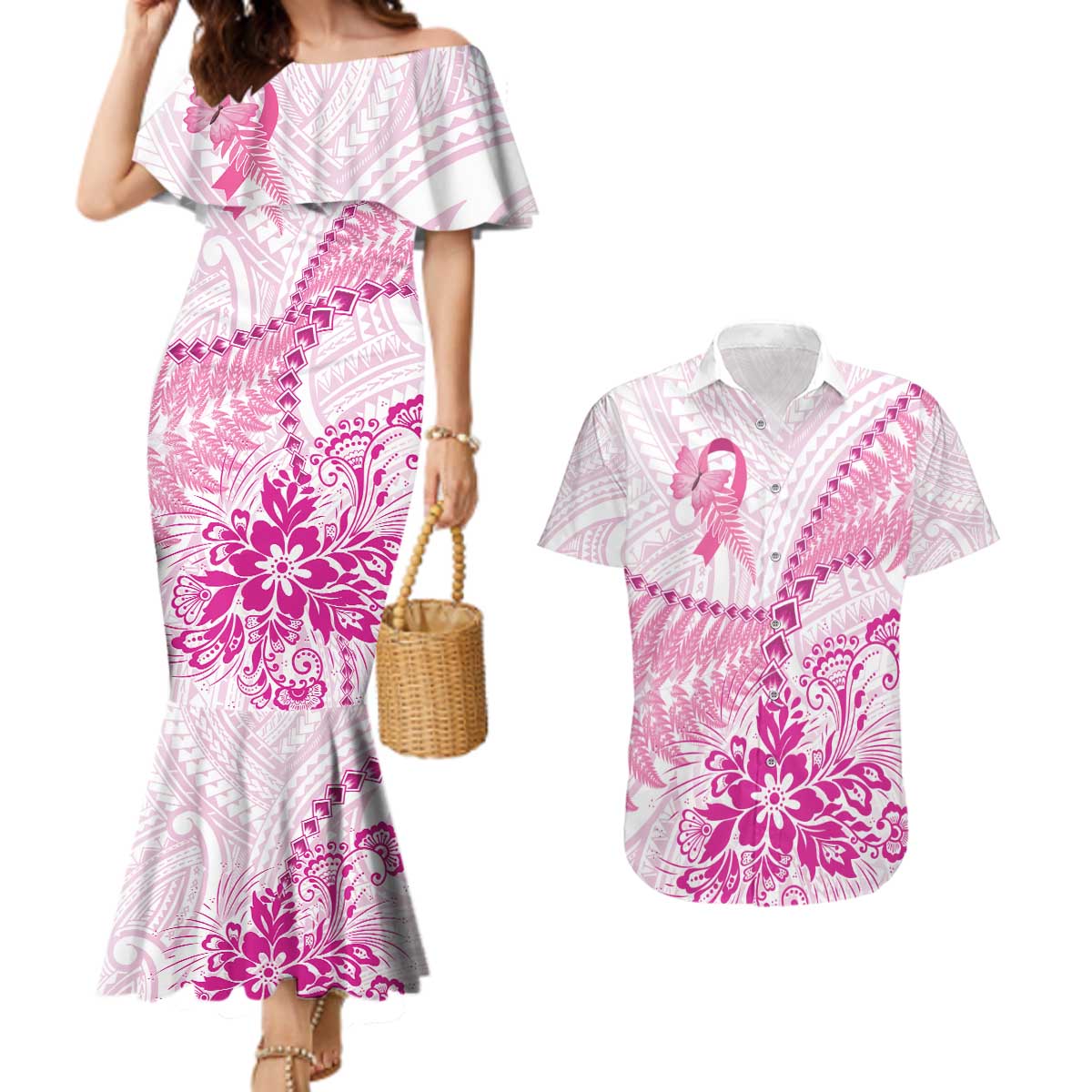 Personalised New Zealand Pink Fern Breast Cancer Couples Matching Mermaid Dress and Hawaiian Shirt Polynesian Pattern LT01 Pink - Polynesian Pride