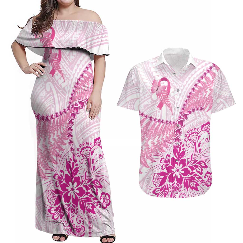 Personalised New Zealand Pink Fern Breast Cancer Couples Matching Off Shoulder Maxi Dress and Hawaiian Shirt Polynesian Pattern LT01 Pink - Polynesian Pride