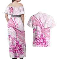 Personalised New Zealand Pink Fern Breast Cancer Couples Matching Off Shoulder Maxi Dress and Hawaiian Shirt Polynesian Pattern LT01 - Polynesian Pride