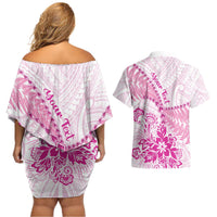 Personalised New Zealand Pink Fern Breast Cancer Couples Matching Off Shoulder Short Dress and Hawaiian Shirt Polynesian Pattern LT01 - Polynesian Pride