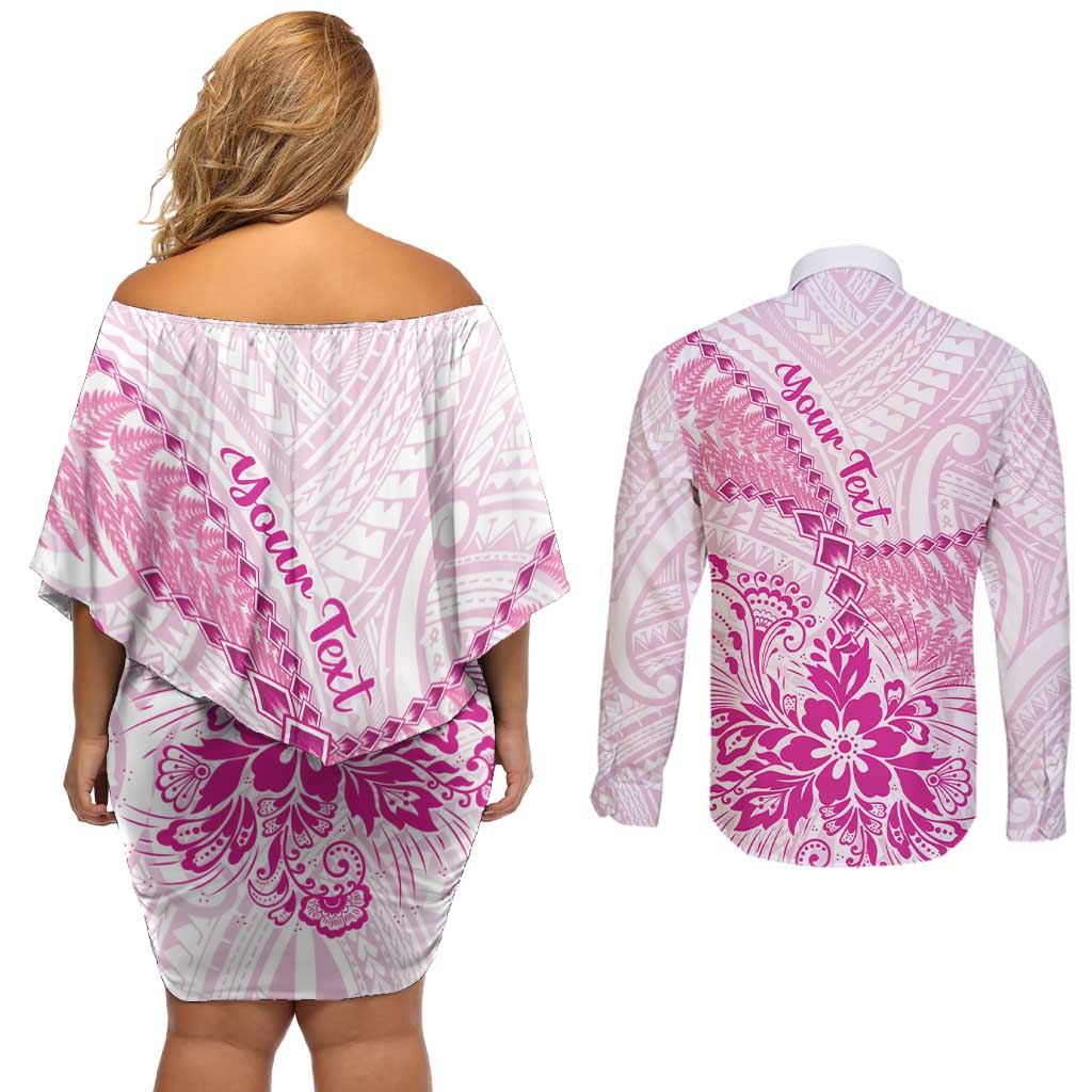 Personalised New Zealand Pink Fern Breast Cancer Couples Matching Off Shoulder Short Dress and Long Sleeve Button Shirt Polynesian Pattern LT01 - Polynesian Pride