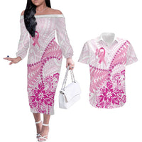 Personalised New Zealand Pink Fern Breast Cancer Couples Matching Off The Shoulder Long Sleeve Dress and Hawaiian Shirt Polynesian Pattern LT01 Pink - Polynesian Pride
