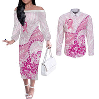 Personalised New Zealand Pink Fern Breast Cancer Couples Matching Off The Shoulder Long Sleeve Dress and Long Sleeve Button Shirt Polynesian Pattern LT01 Pink - Polynesian Pride