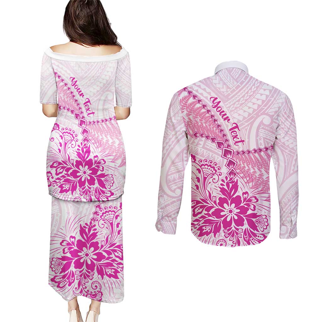 Personalised New Zealand Pink Fern Breast Cancer Couples Matching Puletasi and Long Sleeve Button Shirt Polynesian Pattern LT01 - Polynesian Pride