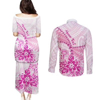 Personalised New Zealand Pink Fern Breast Cancer Couples Matching Puletasi and Long Sleeve Button Shirt Polynesian Pattern LT01 - Polynesian Pride