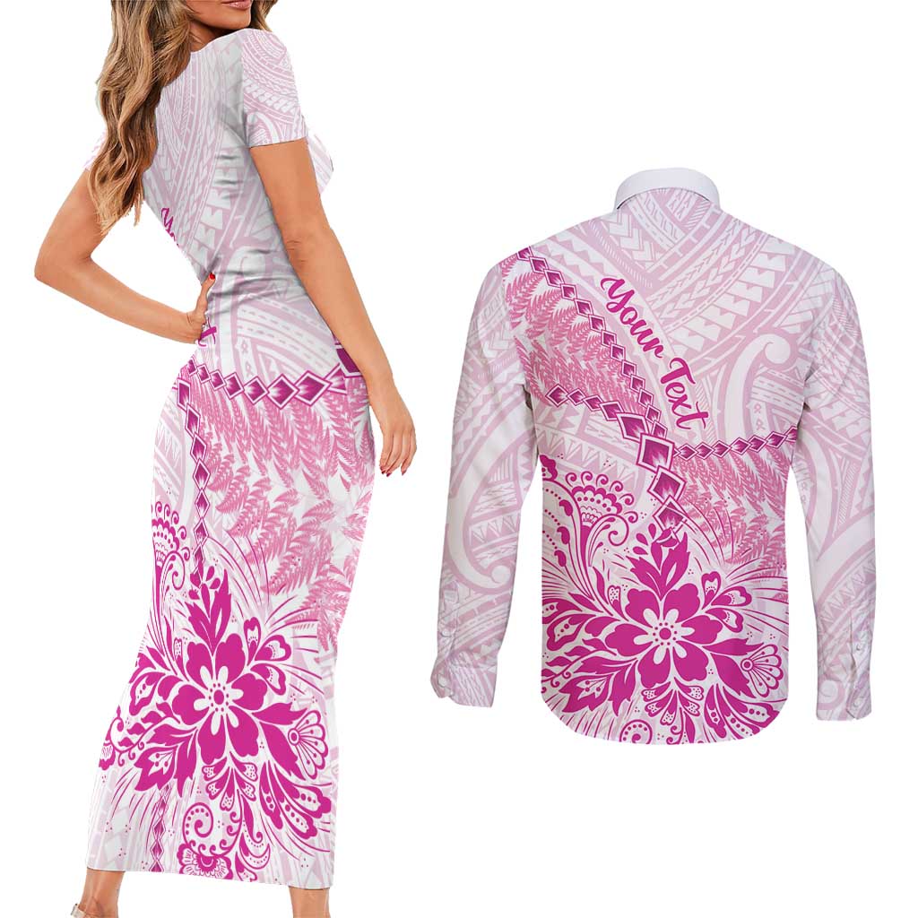 Personalised New Zealand Pink Fern Breast Cancer Couples Matching Short Sleeve Bodycon Dress and Long Sleeve Button Shirt Polynesian Pattern LT01 - Polynesian Pride