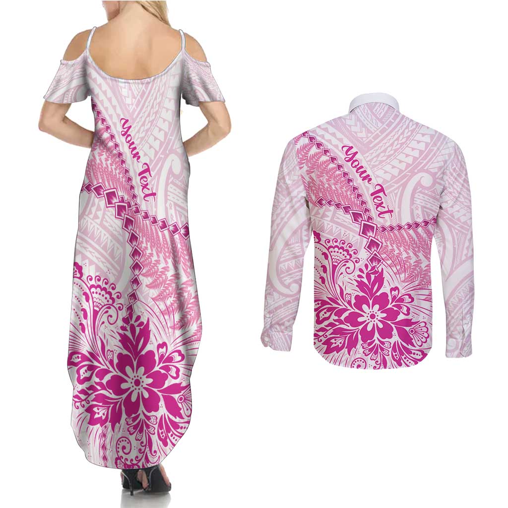 Personalised New Zealand Pink Fern Breast Cancer Couples Matching Summer Maxi Dress and Long Sleeve Button Shirt Polynesian Pattern LT01 - Polynesian Pride