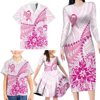 Personalised New Zealand Pink Fern Breast Cancer Family Matching Long Sleeve Bodycon Dress and Hawaiian Shirt Polynesian Pattern LT01 - Polynesian Pride
