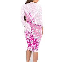 Personalised New Zealand Pink Fern Breast Cancer Family Matching Long Sleeve Bodycon Dress and Hawaiian Shirt Polynesian Pattern LT01 - Polynesian Pride