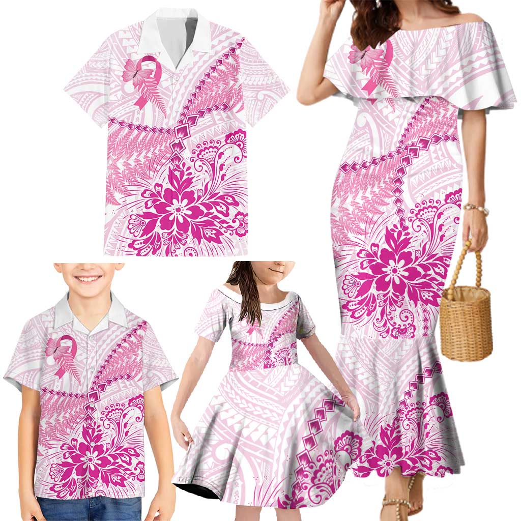Personalised New Zealand Pink Fern Breast Cancer Family Matching Mermaid Dress and Hawaiian Shirt Polynesian Pattern LT01 - Polynesian Pride