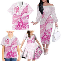 Personalised New Zealand Pink Fern Breast Cancer Family Matching Off The Shoulder Long Sleeve Dress and Hawaiian Shirt Polynesian Pattern LT01 - Polynesian Pride