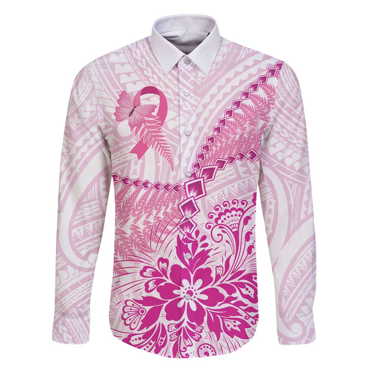 Personalised New Zealand Pink Fern Breast Cancer Family Matching Off The Shoulder Long Sleeve Dress and Hawaiian Shirt Polynesian Pattern LT01 Dad's Shirt - Long Sleeve Pink - Polynesian Pride