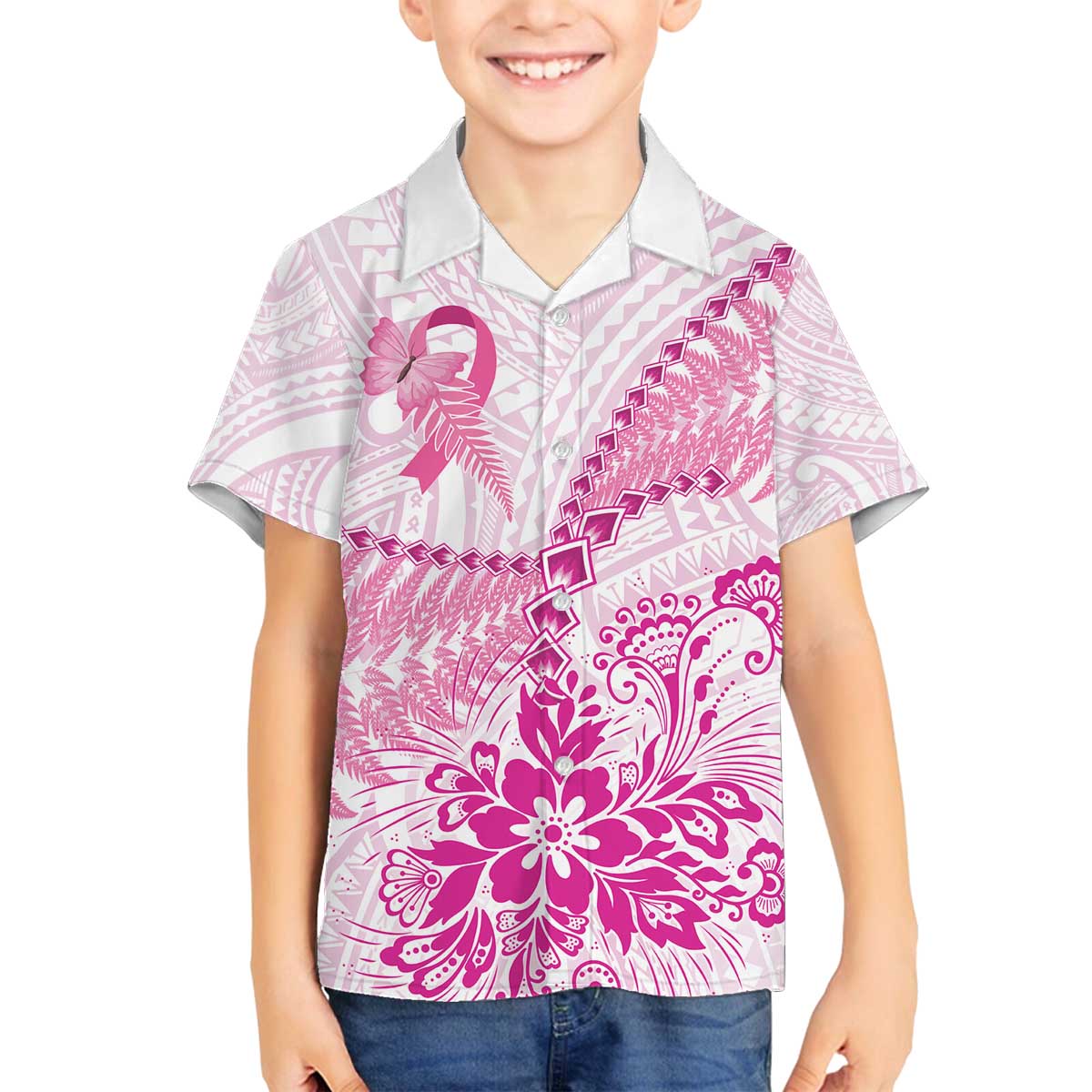 Personalised New Zealand Pink Fern Breast Cancer Family Matching Off The Shoulder Long Sleeve Dress and Hawaiian Shirt Polynesian Pattern LT01 Son's Shirt Pink - Polynesian Pride