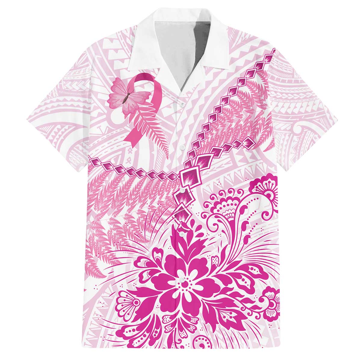 Personalised New Zealand Pink Fern Breast Cancer Family Matching Off Shoulder Short Dress and Hawaiian Shirt Polynesian Pattern LT01 Dad's Shirt - Short Sleeve Pink - Polynesian Pride