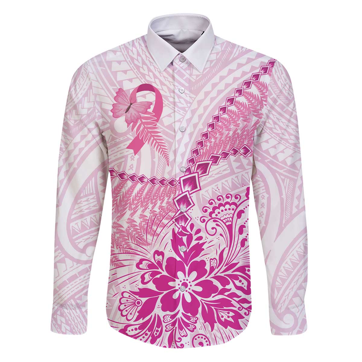 Personalised New Zealand Pink Fern Breast Cancer Family Matching Puletasi and Hawaiian Shirt Polynesian Pattern LT01 Dad's Shirt - Long Sleeve Pink - Polynesian Pride