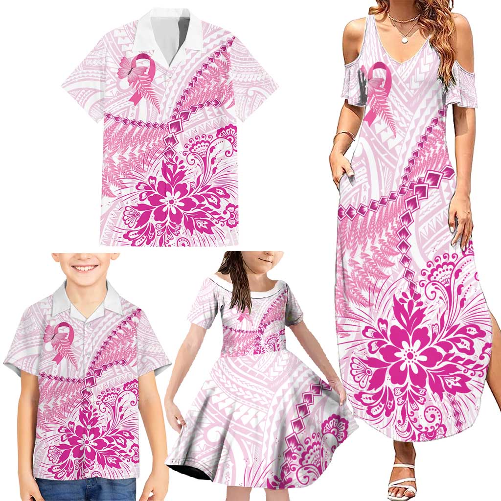 Personalised New Zealand Pink Fern Breast Cancer Family Matching Summer Maxi Dress and Hawaiian Shirt Polynesian Pattern LT01 - Polynesian Pride