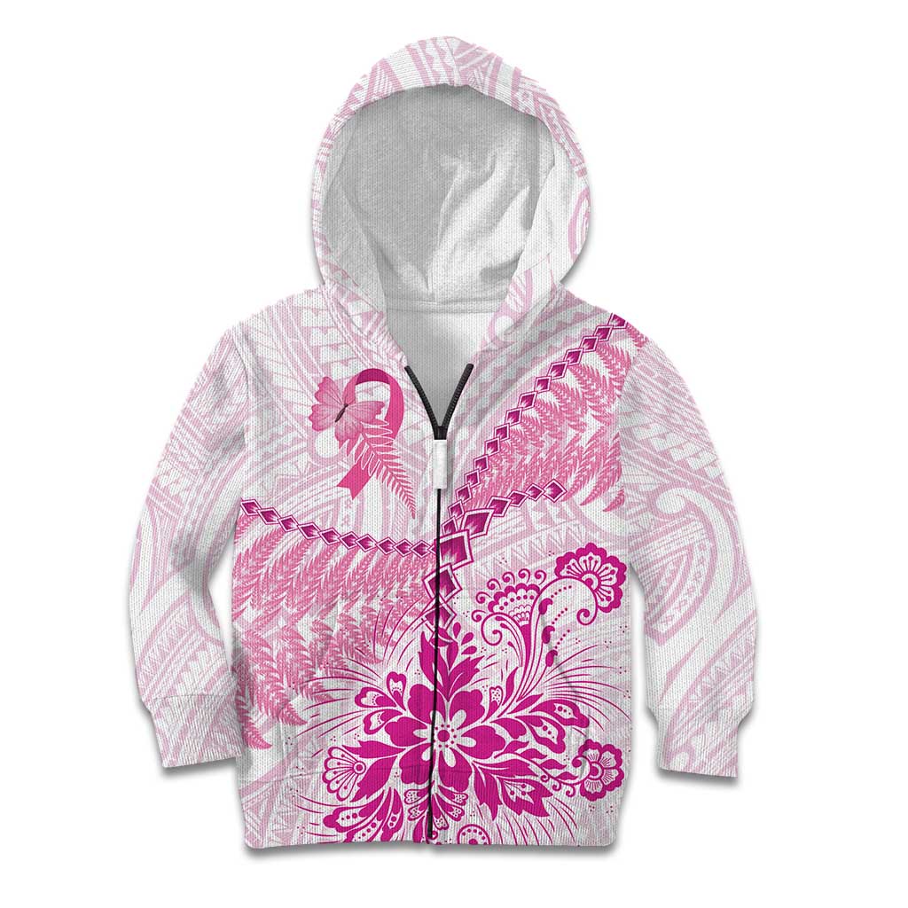 Personalised New Zealand Pink Fern Breast Cancer Kid Hoodie Polynesian Pattern LT01 Zip Hoodie Pink - Polynesian Pride