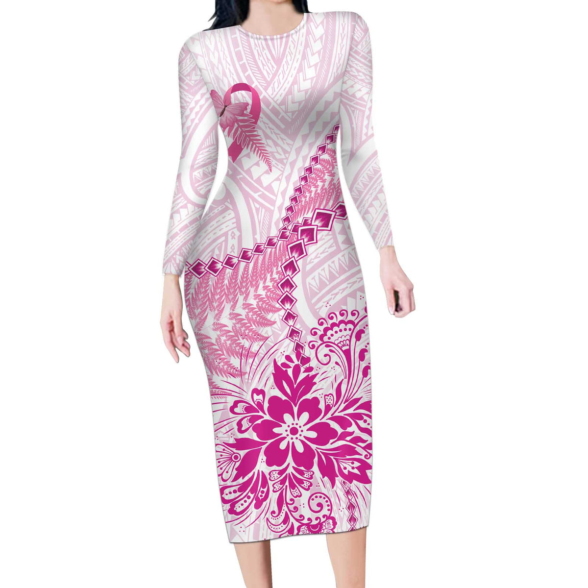 Personalised New Zealand Pink Fern Breast Cancer Long Sleeve Bodycon Dress Polynesian Pattern LT01 Long Dress Pink - Polynesian Pride