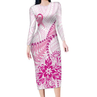 Personalised New Zealand Pink Fern Breast Cancer Long Sleeve Bodycon Dress Polynesian Pattern LT01 Long Dress Pink - Polynesian Pride