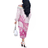 Personalised New Zealand Pink Fern Breast Cancer Off The Shoulder Long Sleeve Dress Polynesian Pattern LT01 - Polynesian Pride