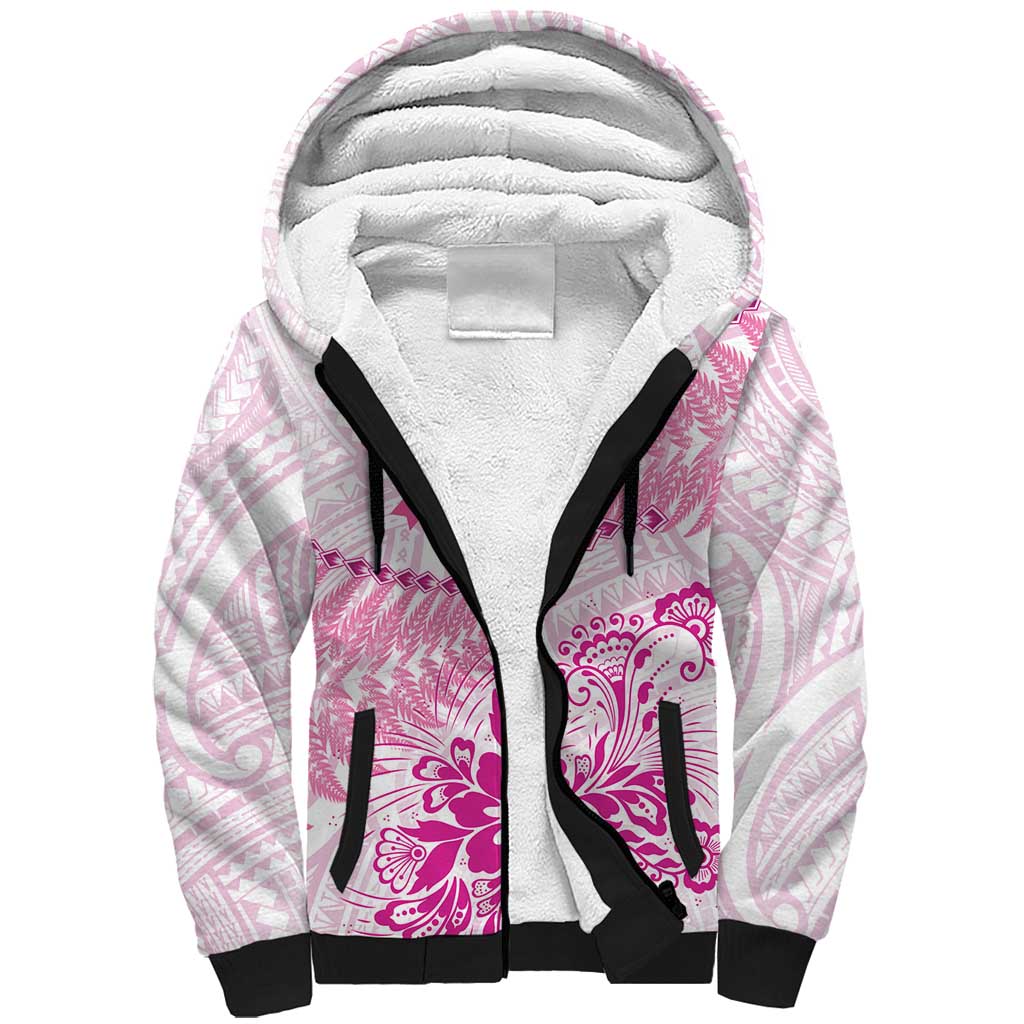 Personalised New Zealand Pink Fern Breast Cancer Sherpa Hoodie Polynesian Pattern LT01 Unisex Pink - Polynesian Pride