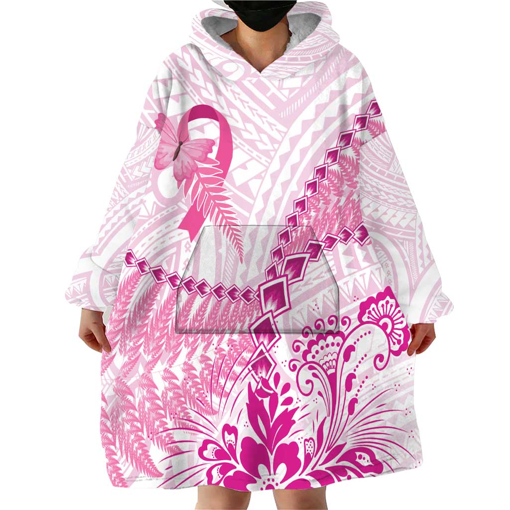 Personalised New Zealand Pink Fern Breast Cancer Wearable Blanket Hoodie Polynesian Pattern LT01 - Polynesian Pride