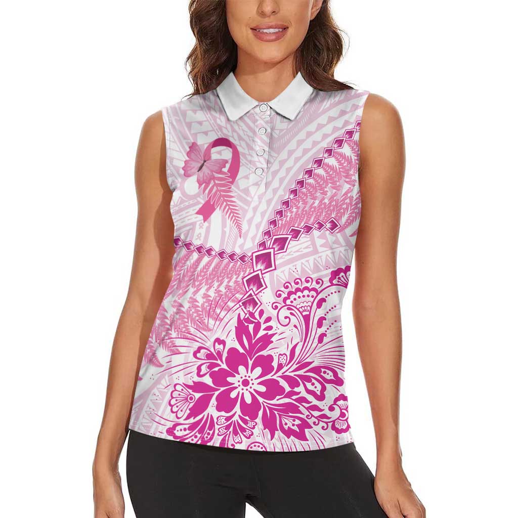 Personalised New Zealand Pink Fern Breast Cancer Women Sleeveless Polo Shirt Polynesian Pattern LT01 - Polynesian Pride