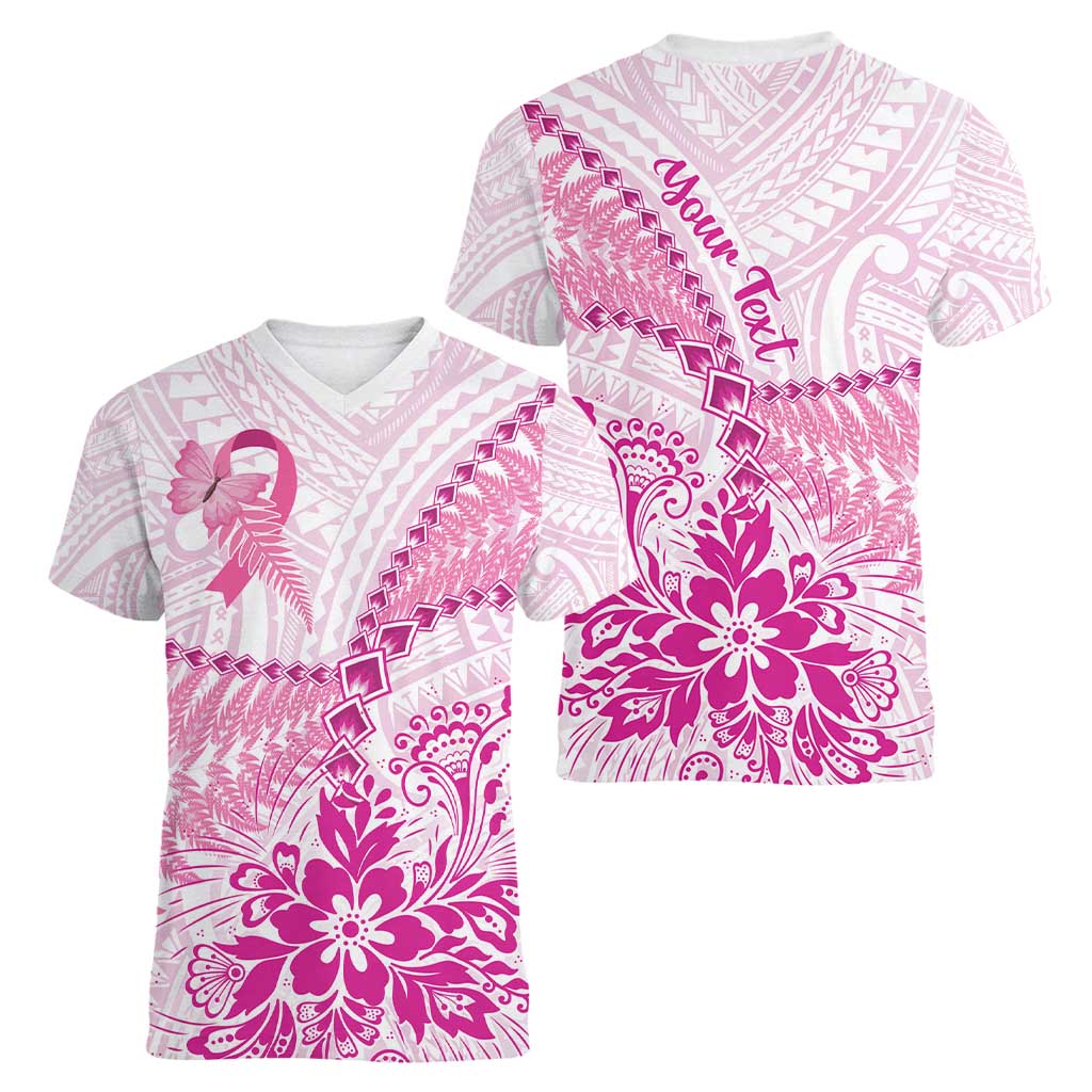 Personalised New Zealand Pink Fern Breast Cancer Women V-Neck T-Shirt Polynesian Pattern LT01 - Polynesian Pride