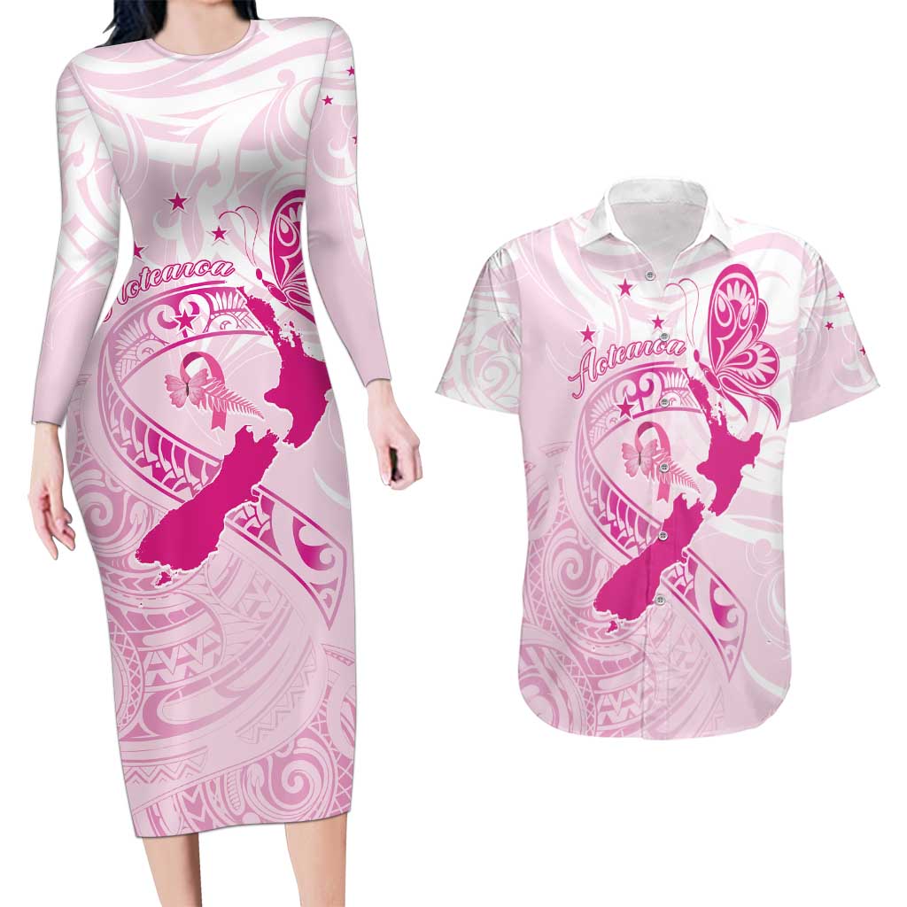 Personalised Aotearoa Breast Cancer Couples Matching Long Sleeve Bodycon Dress and Hawaiian Shirt New Zealand Maori Pattern LT01 Pink - Polynesian Pride