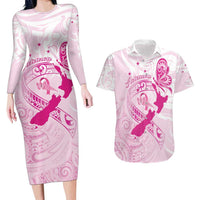 Personalised Aotearoa Breast Cancer Couples Matching Long Sleeve Bodycon Dress and Hawaiian Shirt New Zealand Maori Pattern LT01 Pink - Polynesian Pride