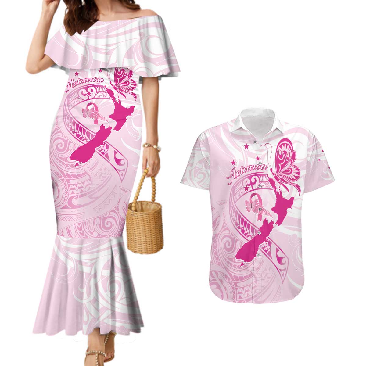 Personalised Aotearoa Breast Cancer Couples Matching Mermaid Dress and Hawaiian Shirt New Zealand Maori Pattern LT01 Pink - Polynesian Pride