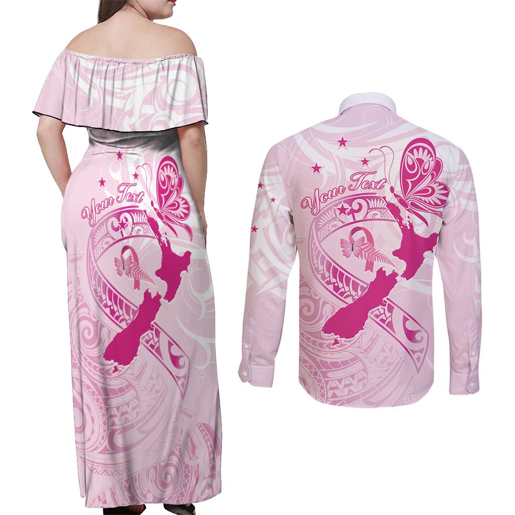 Personalised Aotearoa Breast Cancer Couples Matching Off Shoulder Maxi Dress and Long Sleeve Button Shirt New Zealand Maori Pattern LT01 - Polynesian Pride