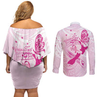 Personalised Aotearoa Breast Cancer Couples Matching Off Shoulder Short Dress and Long Sleeve Button Shirt New Zealand Maori Pattern LT01 - Polynesian Pride